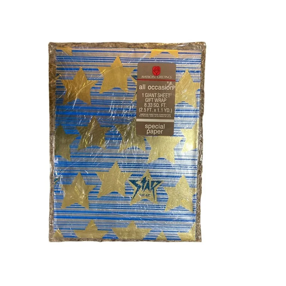 Vintage American Greetings Star Grad Gift Wrap NEW Blue Gold Star Metallic Gradu